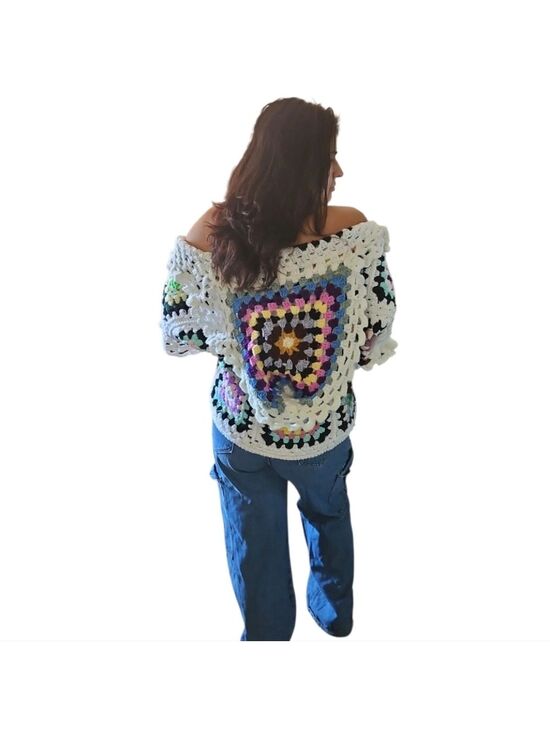 Hand Crafted Sweaters - Hand Crafted Crochet Granny Square Cardigan open front Hooded Colorfull Sweater
